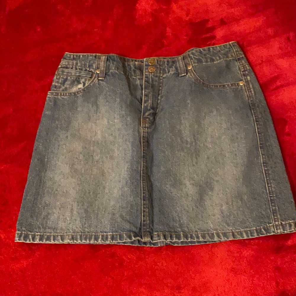 Denim mini skirt.
